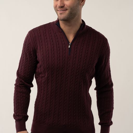 Wholesale,Luchiano Visconti, Luchiano Visconti Burgundy Quartz Zip Cable Long Sleeve Pullover, Red, Medium-42-TagXL