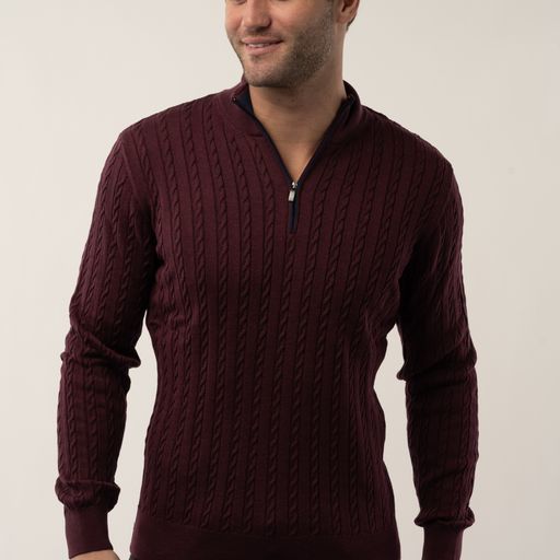 Luchiano Visconti Burgundy Quartz Zip Cable Long Sleeve Pullover