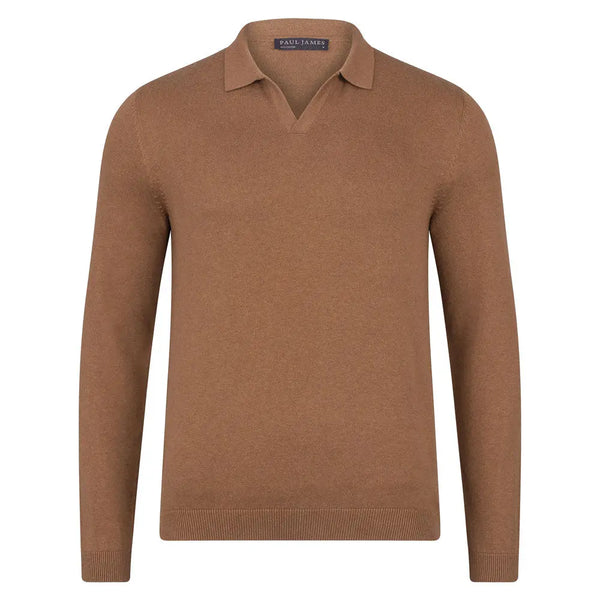 Paul James Caramel Brown Buttonless Knit Longsleeve Polo Taelor