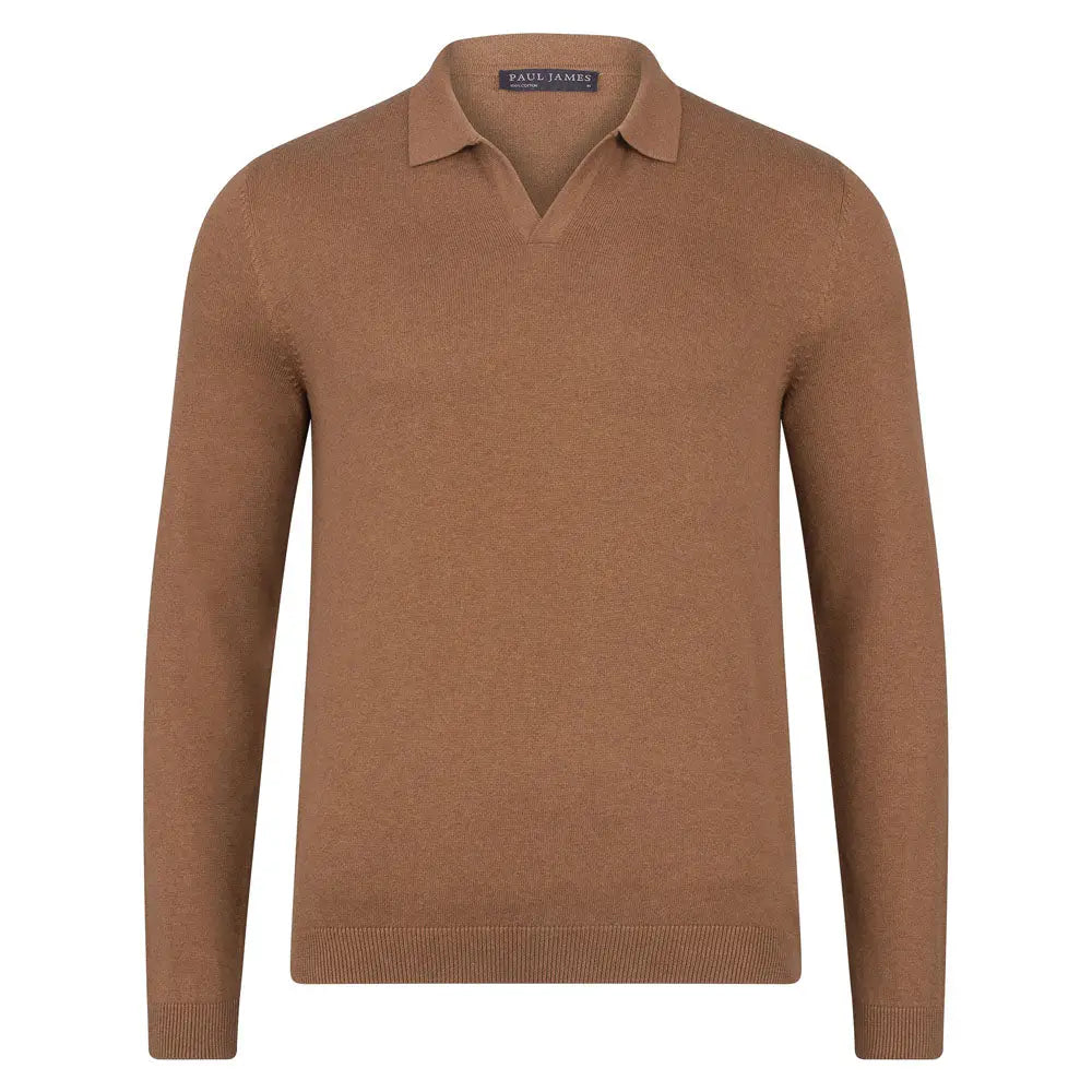 Faire,Paul James, Paul James Caramel Brown Buttonless Knit Longsleeve Polo, Brown, Extra Extra Large-50-TagXXL