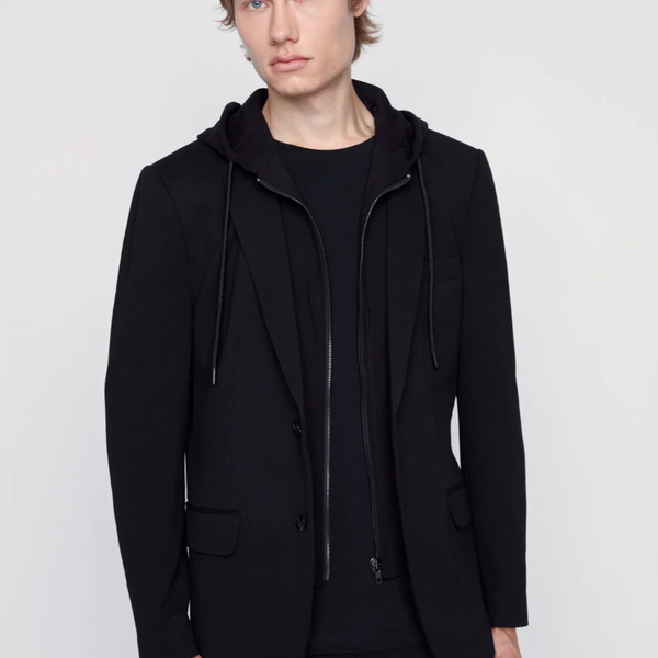 Slim black knit store zip out hood blazer