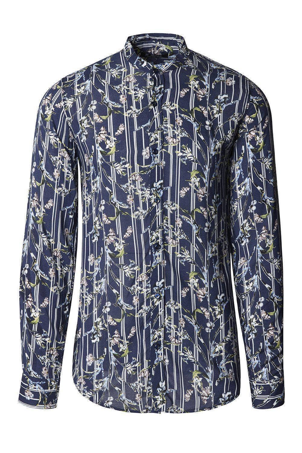 Faire,RNT 23, RNT 23 Navy Floral Stripe Lightweight Mandarin Collar Long Sleeve Tunic, Blue, Small-41-TagS