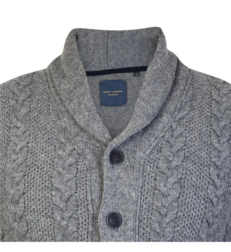 Guide London Grey Shawl Collar Cable Knit Long Sleeve Button Up Cardigan