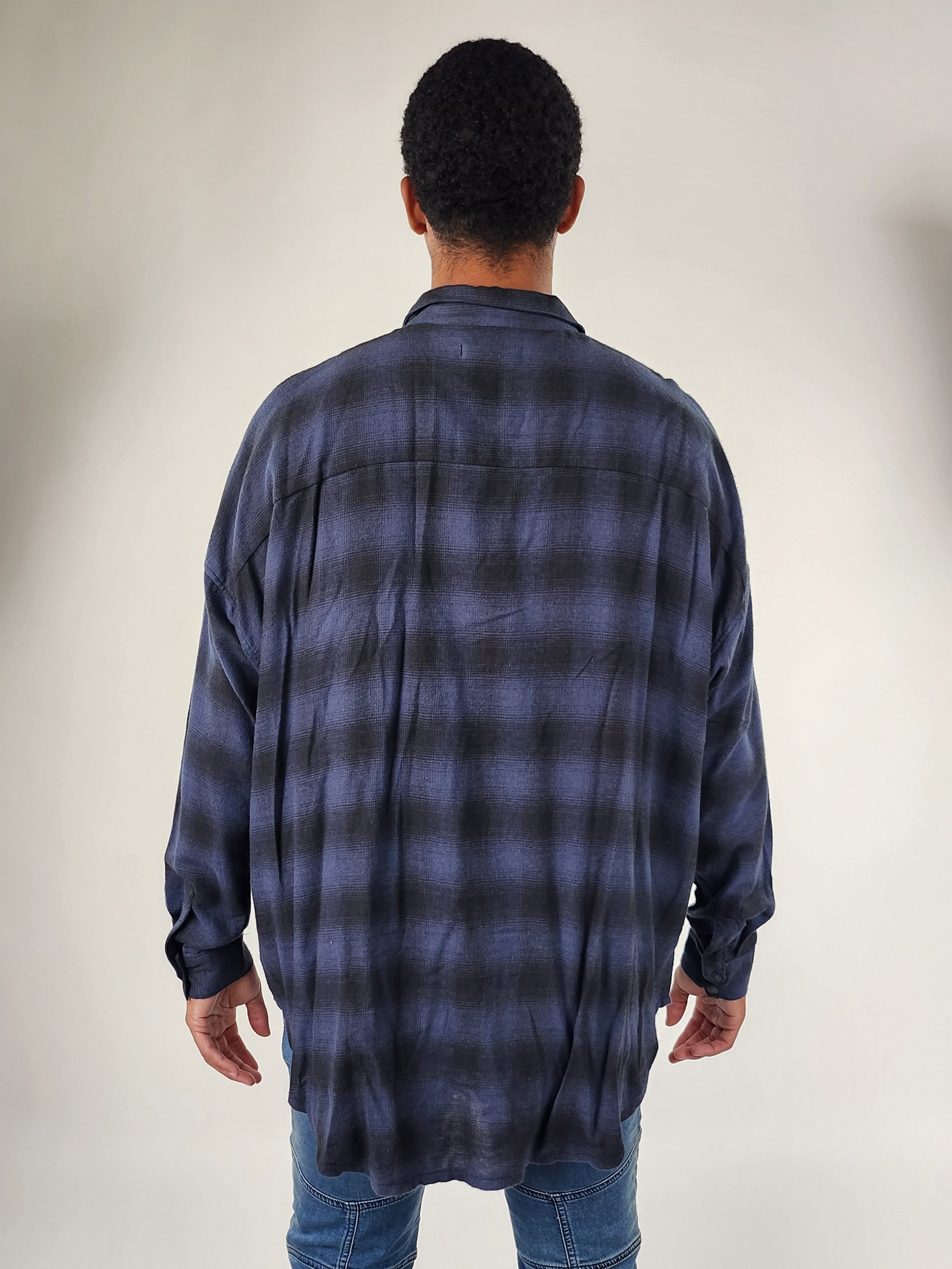 Wholesale,Reesedeluca, Reese De Luca Navy Plaid Long Sleeve Snap Button Up Shirt with Side Pockets, Blue, Extra Extra Large-54-TagM