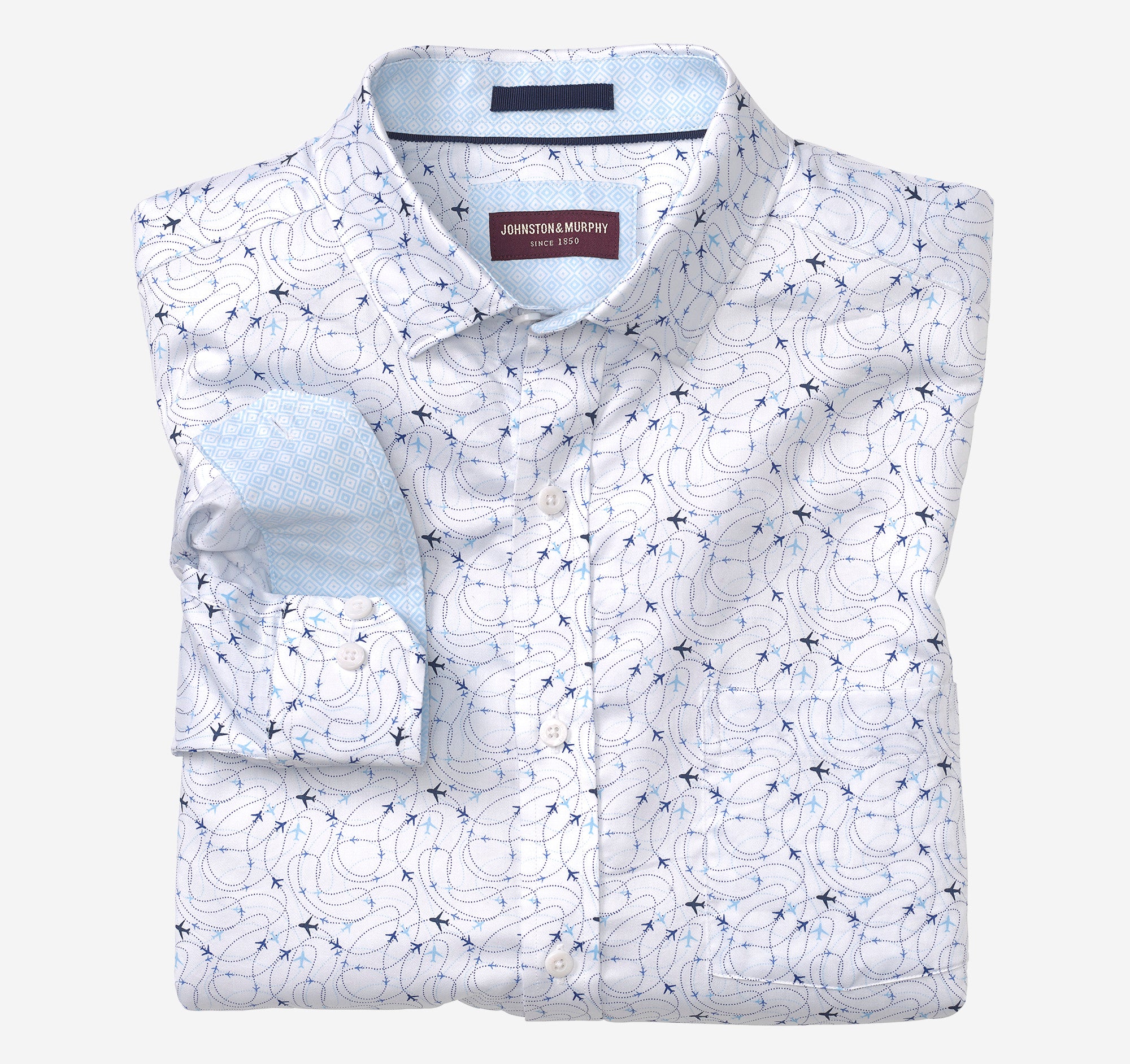 Wholesale,Johnston & Murphy, Johnston & Murphy White Airplane Printed Cotton Shirt, White, Extra Extra Large-54-TagXXL