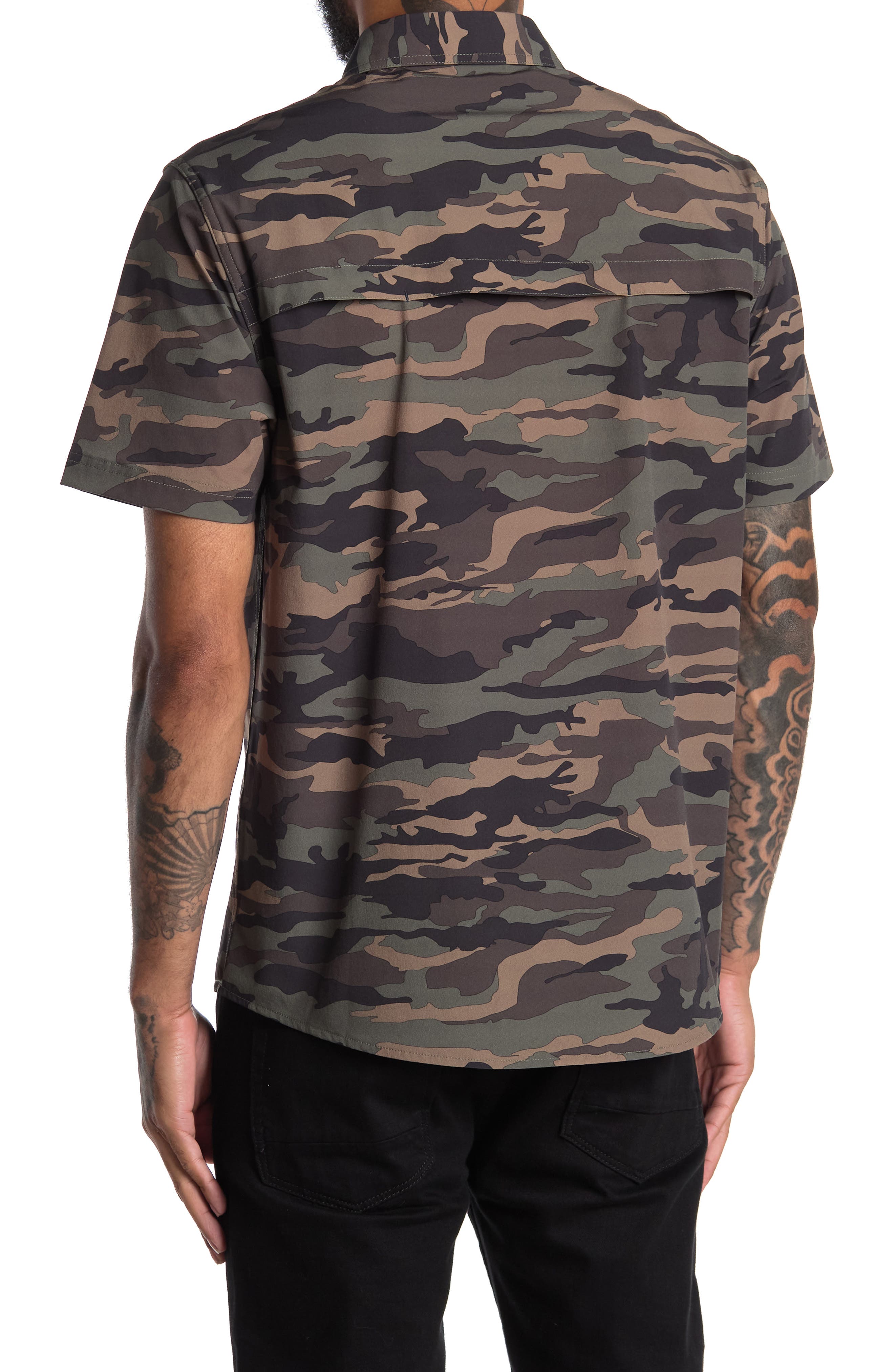 Nordstrom Rack,Flag & Anthem, Flag & Anthem Green Camo Print Short Sleeve Nylon Button Up Shirt, Green, Small-41-TagS