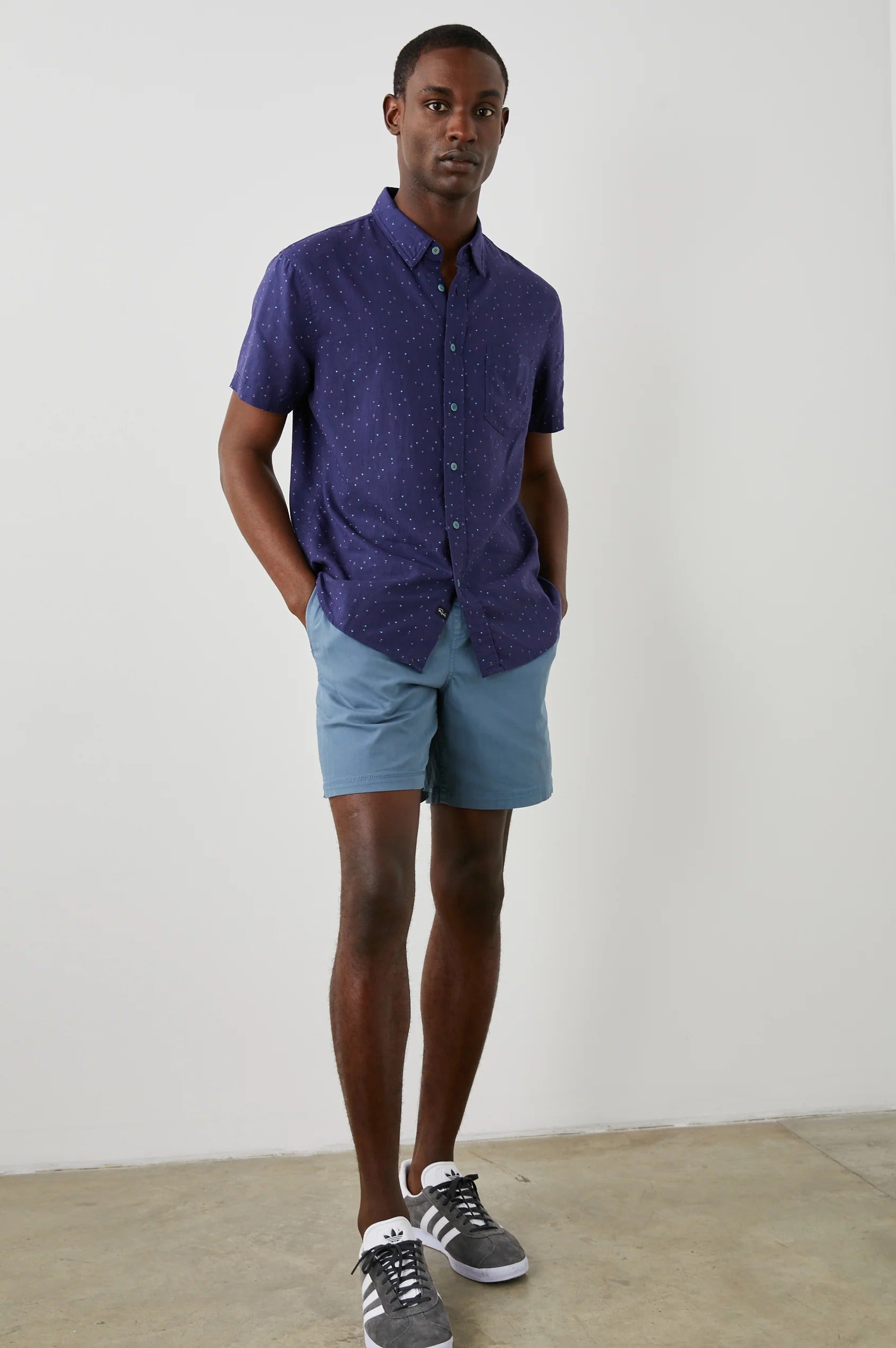 Wholesale,Rails, Rails Navy Triangle Print Short Sleeve Button Up Shirt, Blue, Large-46-TagL
