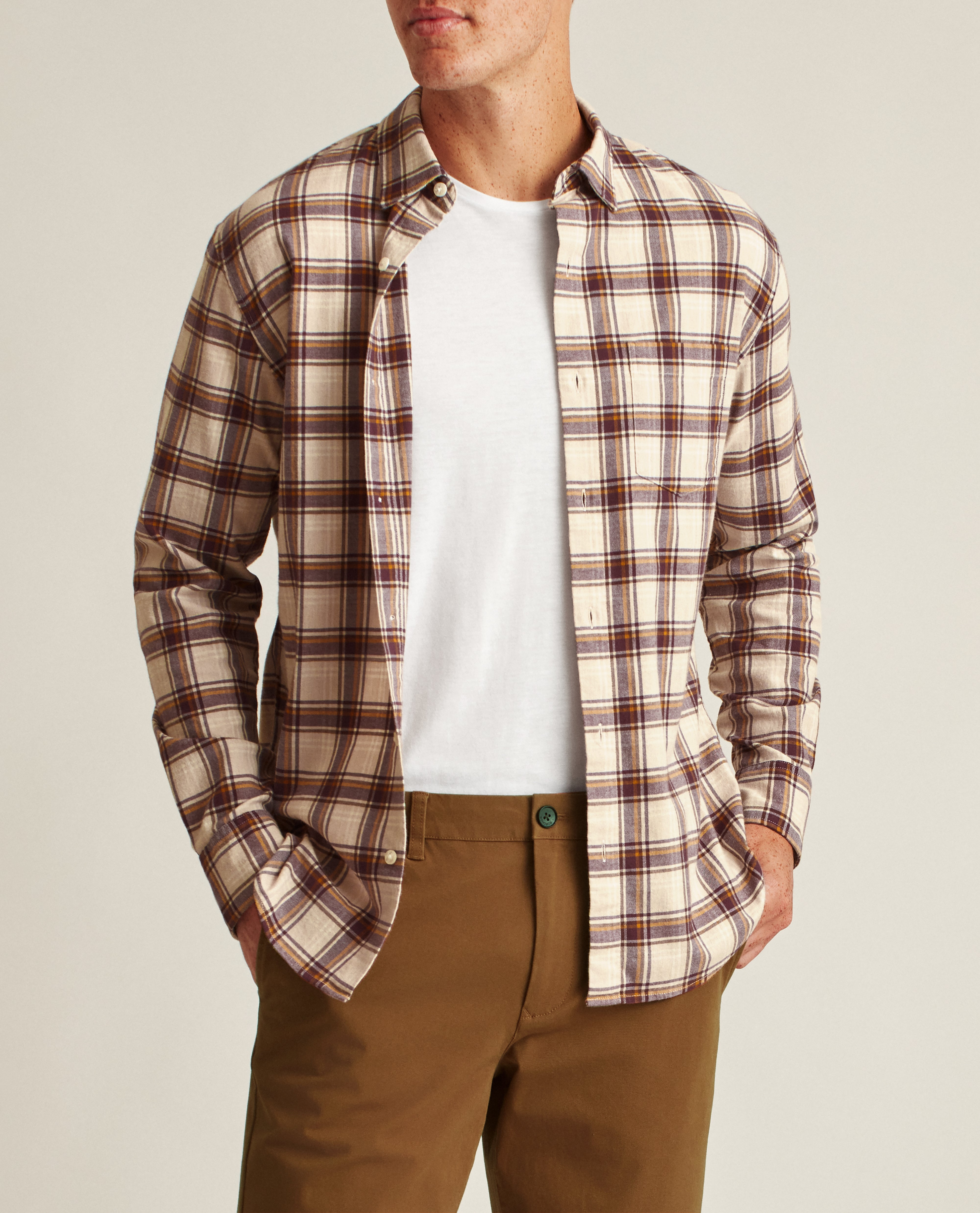 Wholesale,Bonobos, Bonobos Tan and Burgundy Stretch Slim Plaid Flannel Shirt, Tan, Small-38-TagS