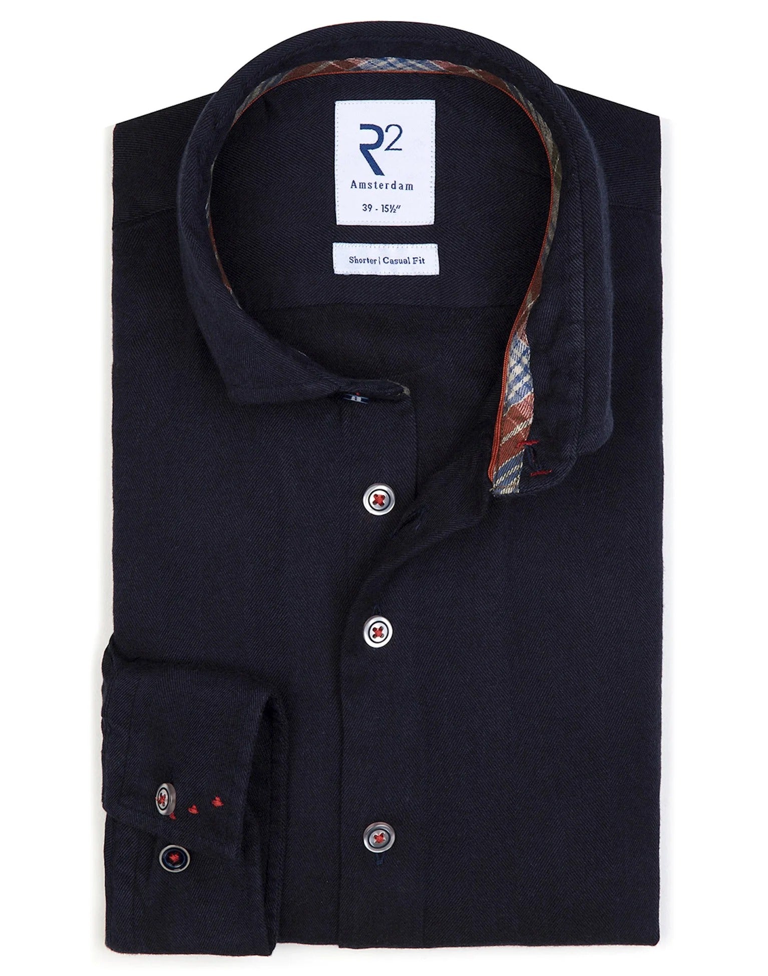 Brand Partner,R2 Amsterdam, R2 Amsterdam Navy Blue Flannel Long Sleeve Button Up Shirt with Tartan Print  Contrast, Blue, Large-47-Tag43