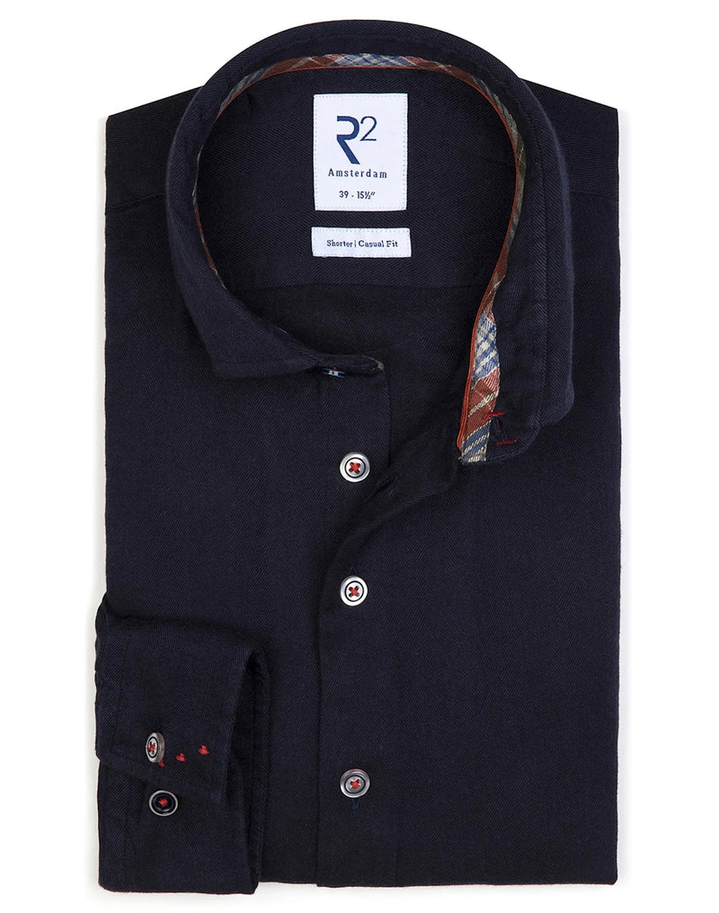 R2 Amsterdam Navy Blue Flannel Long Sleeve Button Up Shirt with Tartan Print Contrast