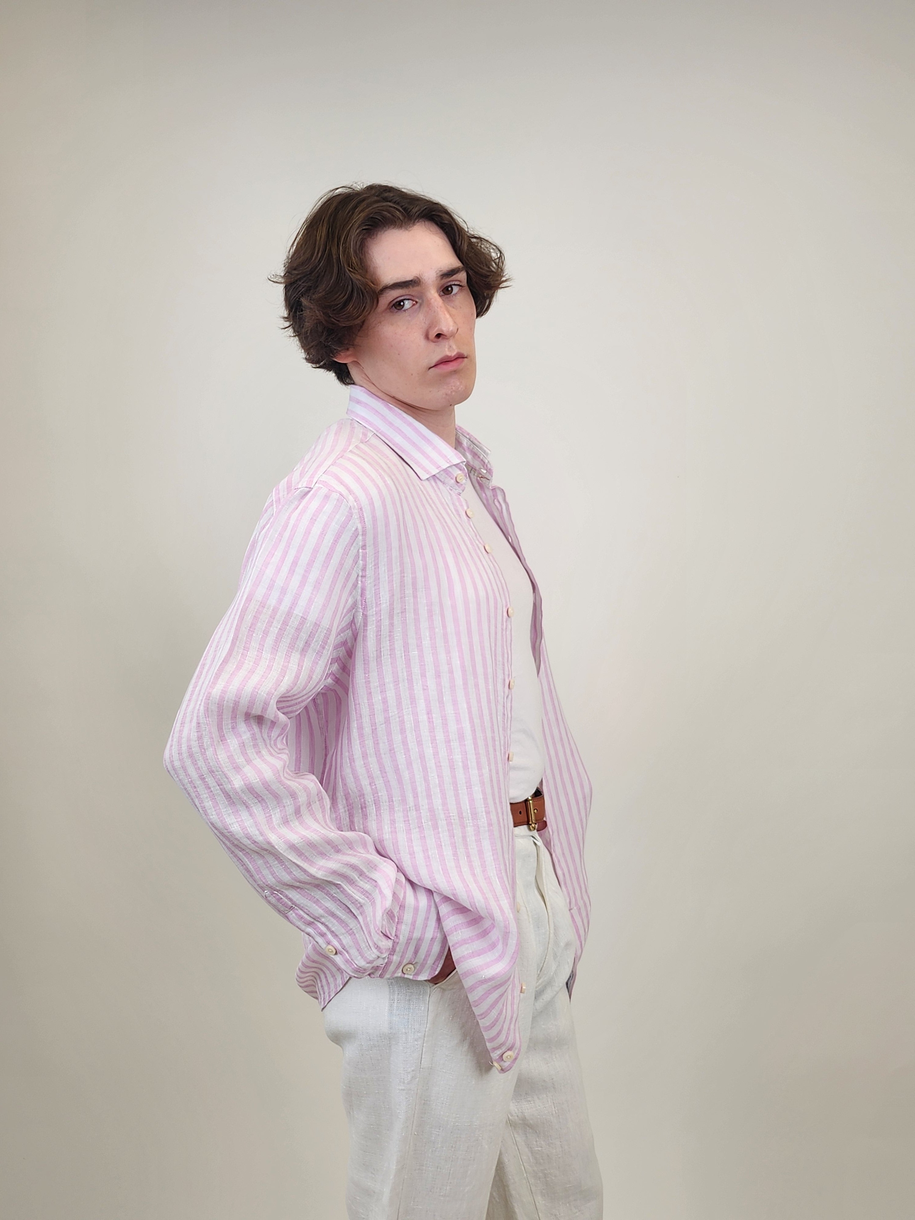 Brand Partner,R2 Amsterdam, R2 Amsterdam Light Pink Stripe Linen Long Sleeve Shirt, Pink, Large-46-TagL