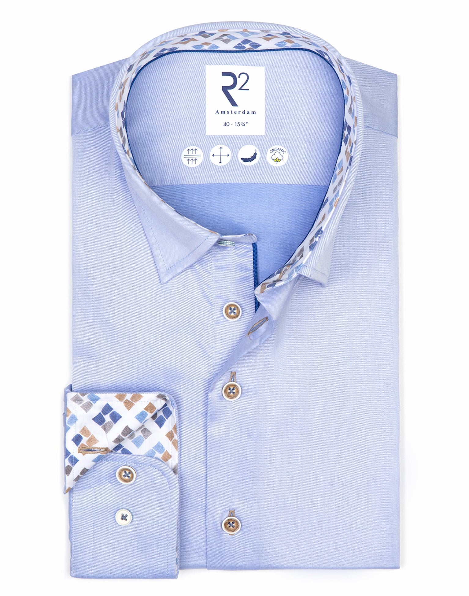 Brand Partner,R2 Amsterdam, R2 Amsterdam Light Blue 2 PLY Long Sleeve Button Up Shirt with Blue and Beige Print Contrast, Blue, Extra Large-50-Tag44