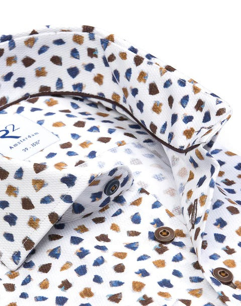 Brand Partner,R2 Amsterdam, R2 Amsterdam White Dobby Cotton Shirt with Blue Beige Print, White, Large-46-Tag42
