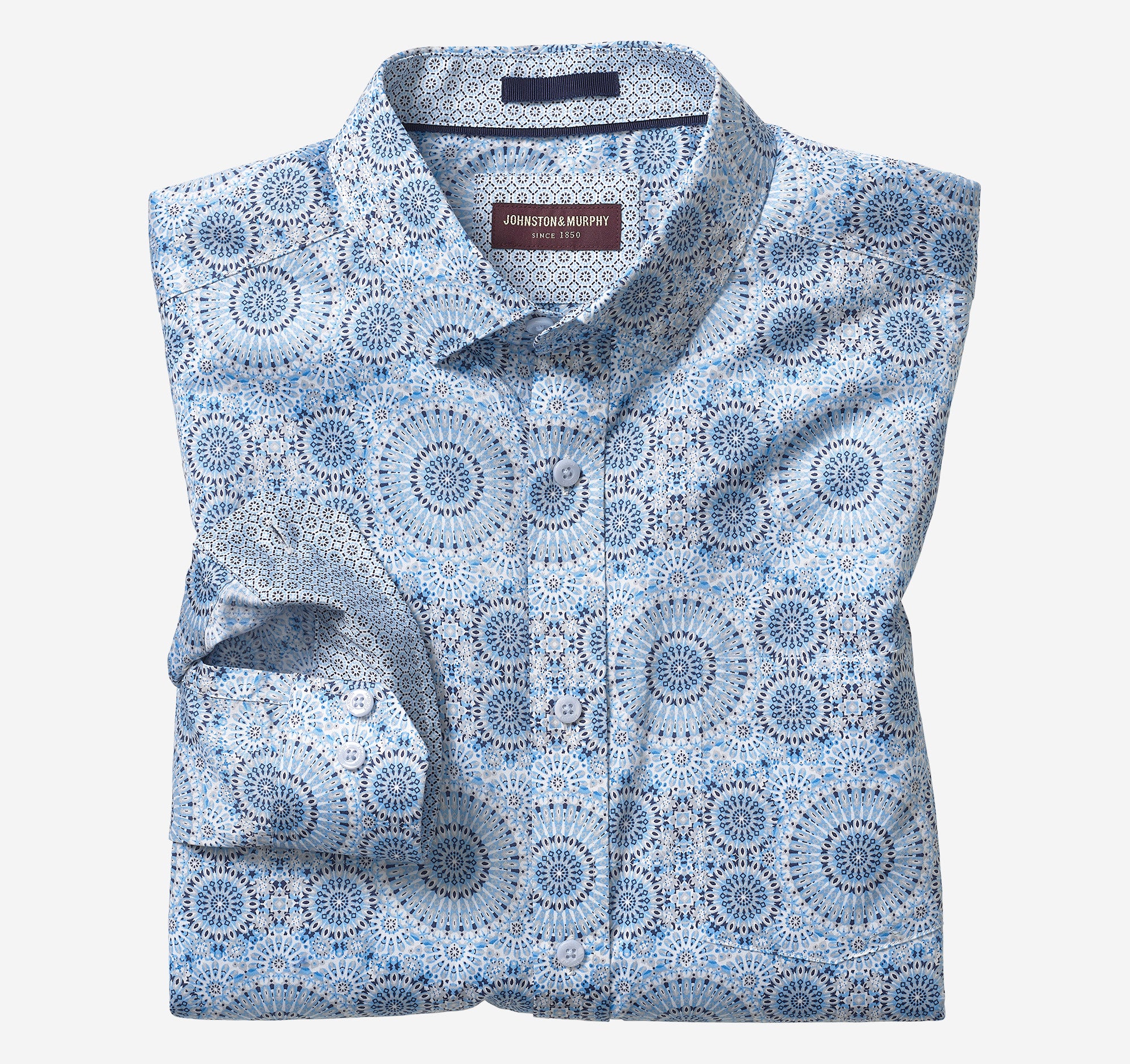 Wholesale,Johnston & Murphy, Johnston & Murphy Blue Kaleidoscope Printed Cotton Shirt, Blue, Large-48-TagL