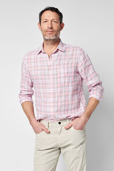 Otrium,Faherty, Faherty Pink/Grey Plaid Linen Long Sleeve Button Up, Pink, Large-45-TagL