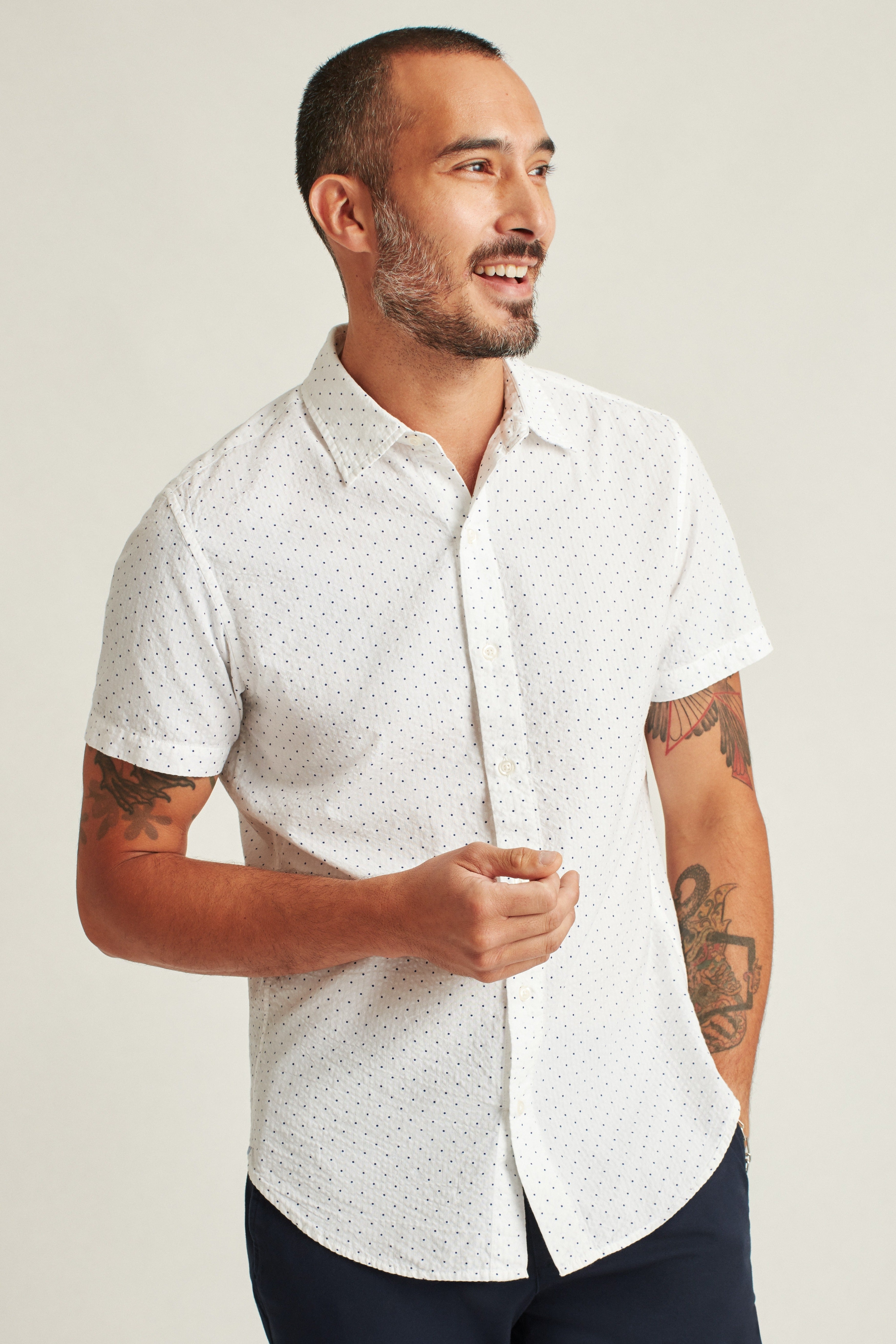 Wholesale,Jack & Jones, Bonobos White Seersucker Polka Dot Print Stretch Short Sleeve Shirt, White, Extra Large-48-TagXLLarge-45-TagLMedium-42-TagMSmall-40-TagS