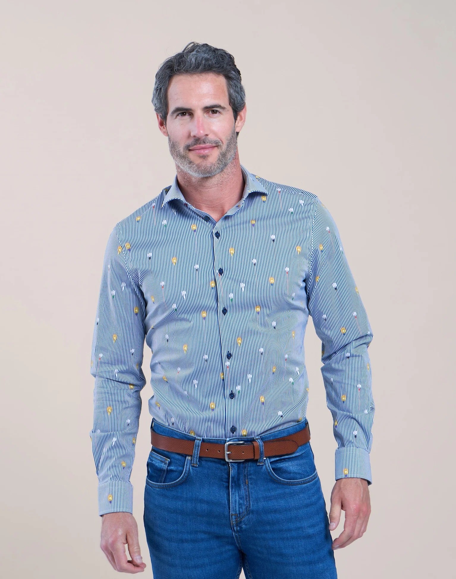 Brand Partner,R2 Amsterdam, R2 Amsterdam Dark Blue/White Striped Bulb Print Long Sleeve Button Up Shirt, Blue, Small-41-Tag39