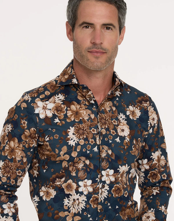 R2 Amsterdam Navy Floral Print Stretch Long Sleeve Button Up Shirt