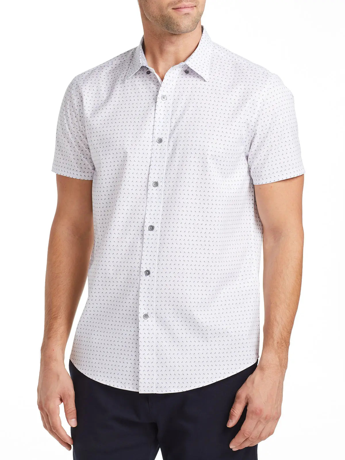 W.R.K., W.R.K White/Navy Geo Print 4-Way Stretch Short Sleeve Shirt, White, Extra Large-46-TagXLLarge-44-TagLMedium-42-TagMSmall-39-TagS