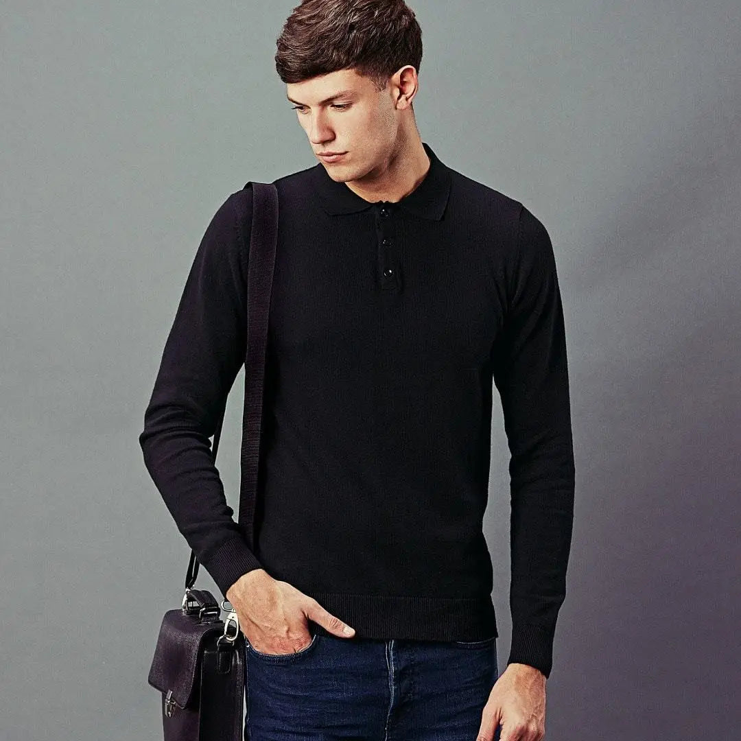 Faire,Paul James, Paul James Black Knit Button Up Longsleeve Polo, Black, Large-45-TagL