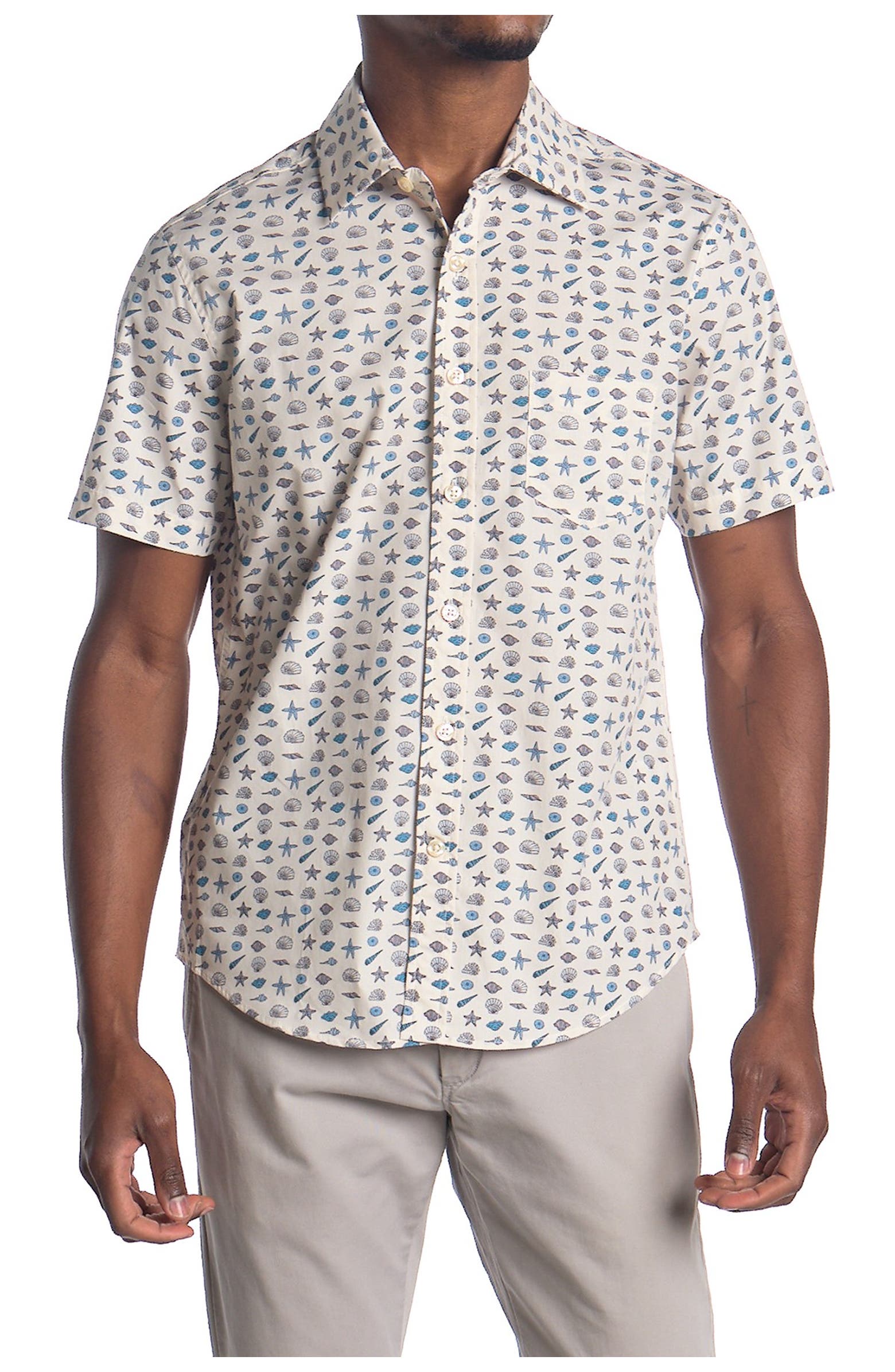 Nordstorm Rack,Kennington, Kennington Beige Seashell Print Short Sleeve Button Up Shirt, White, Small-40-TagS