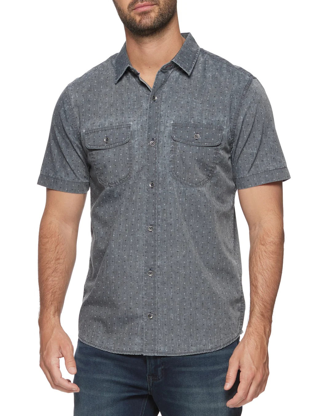 Wholesale,Flag & Anthem, Flag & Anthem Charcoal Gradendale Vintage Soft Dot Print Short Sleeve Shirt, Grey, Small-40-TagSMedium-42-TagMLarge-44-TagLExtra Large-48-TagXLExtra Extra Large-52-TagXXL