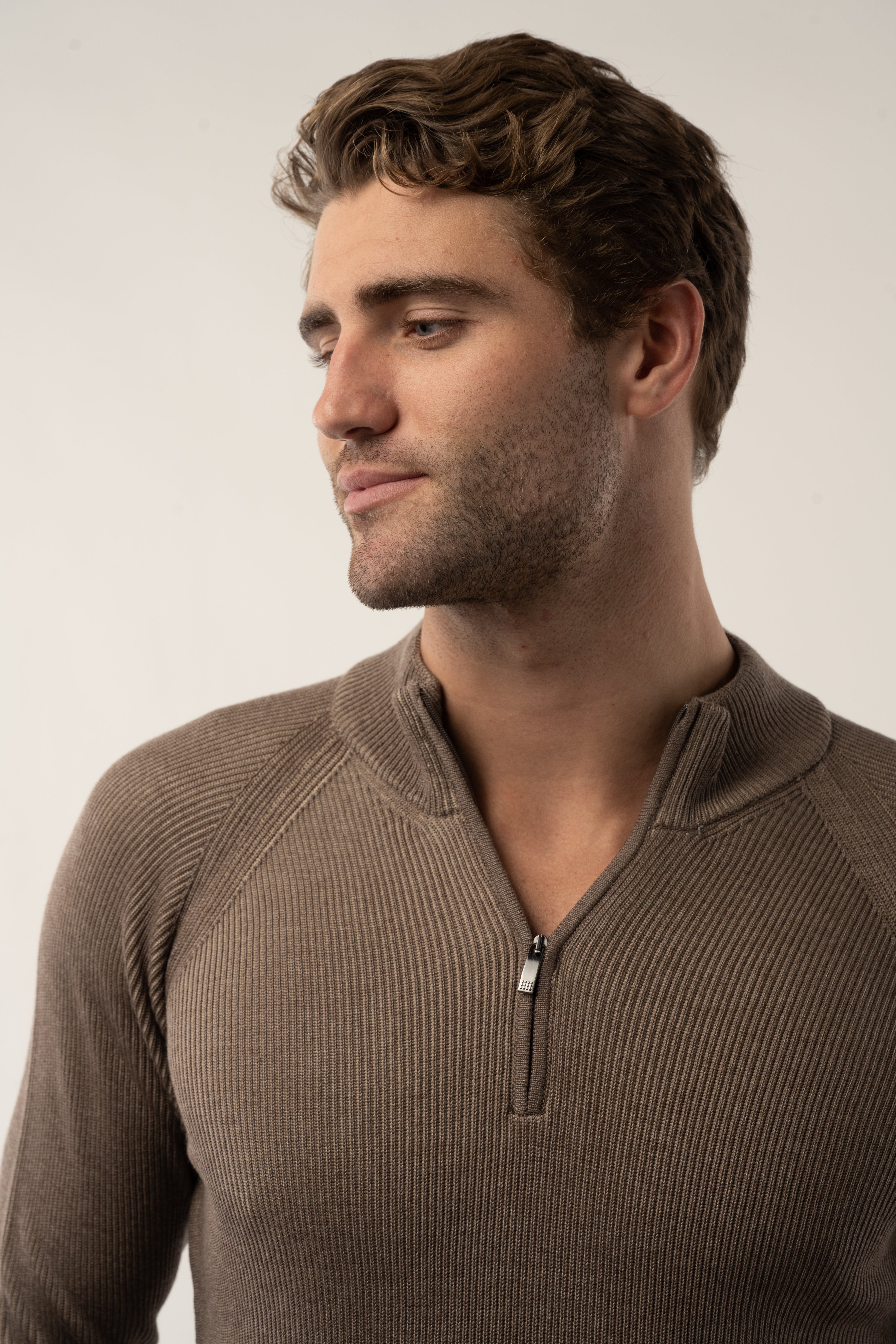 Wholesale,Luchiano Visconti, Luchiano Visconti Tan Quarter Zip Rib Long Sleeve Pullover, Tan, Medium-40-TagM
