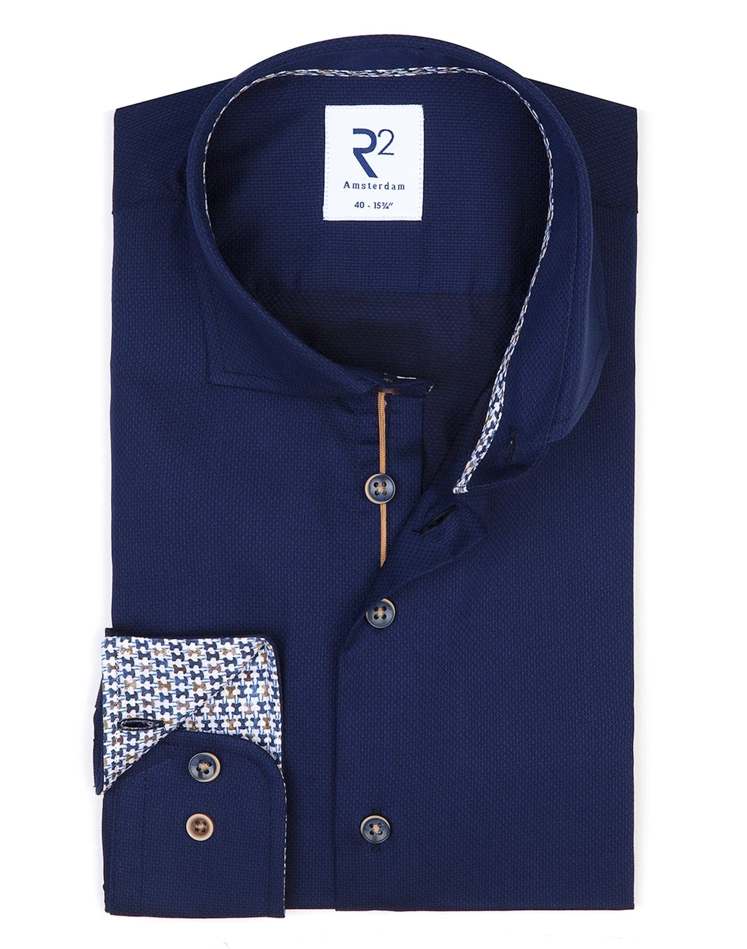 Brand Partner,R2 Amsterdam, R2 Amsterdam Marine Blue Geo Cotton Long Sleeve Button Up Shirt, Blue, Medium-43-Tag41