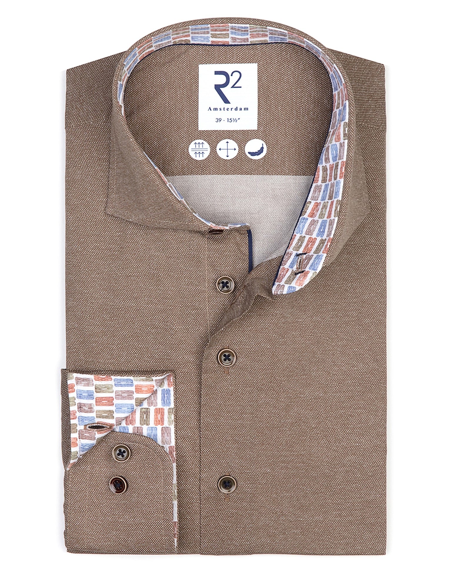 Brand Partner,R2 Amsterdam, R2 Amsterdam Brown Stretch  Button Up Shirt with Contrast Collar and Cuff, Brown, Large-47-Tag43Medium-43-Tag41