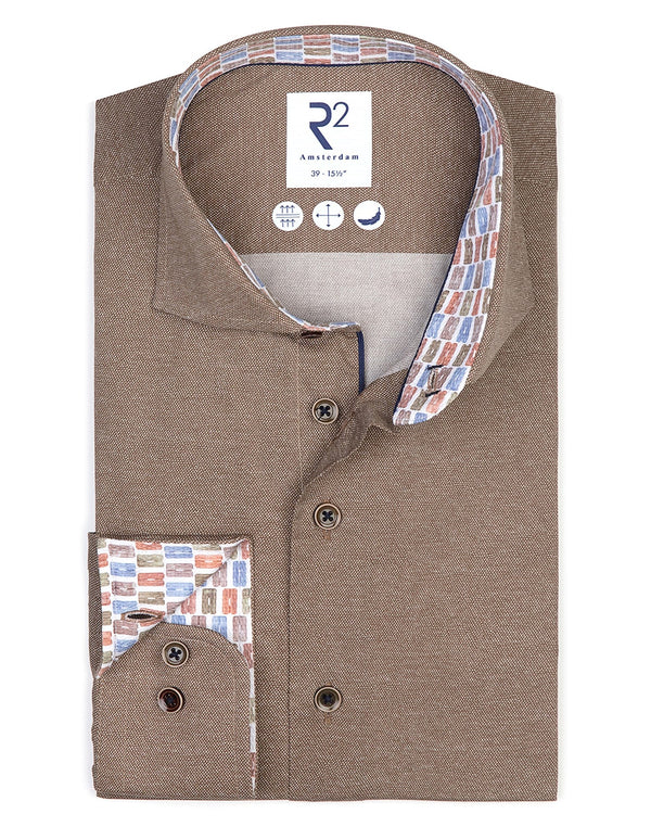 R2 Amsterdam Brown Stretch  Button Up Shirt with Contrast Collar and Cuff