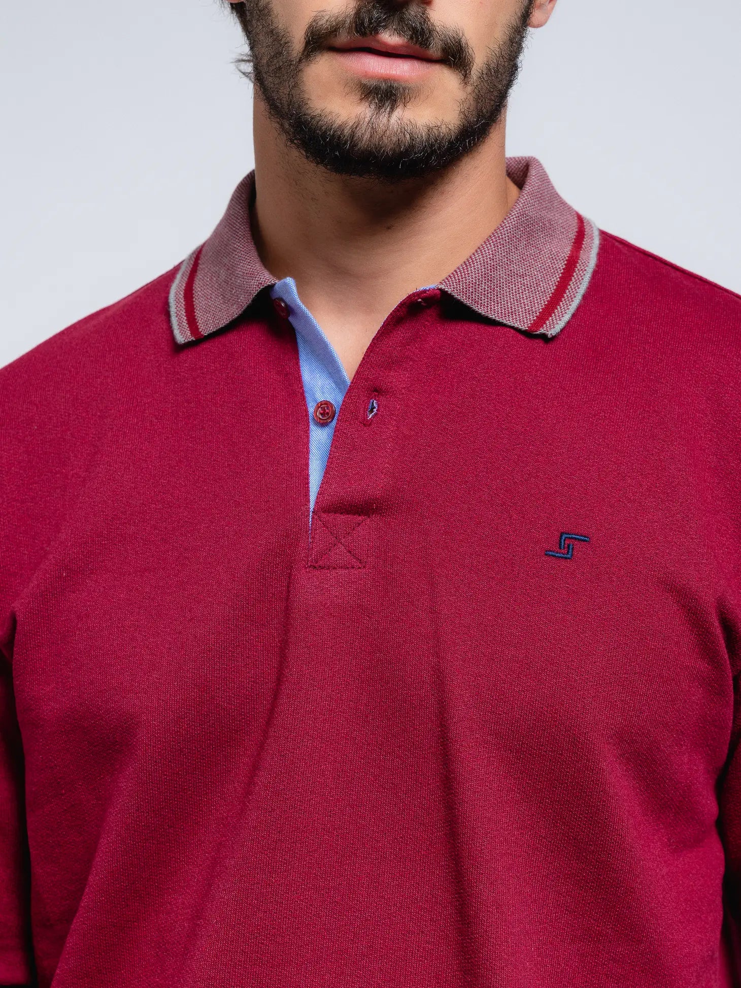Faire,SMF, SMF Burgundy Knit Long Sleeve Button Up Knit Polo With Contrast Collar And Cuff Detail, Red, Extra Large-46-TagXL