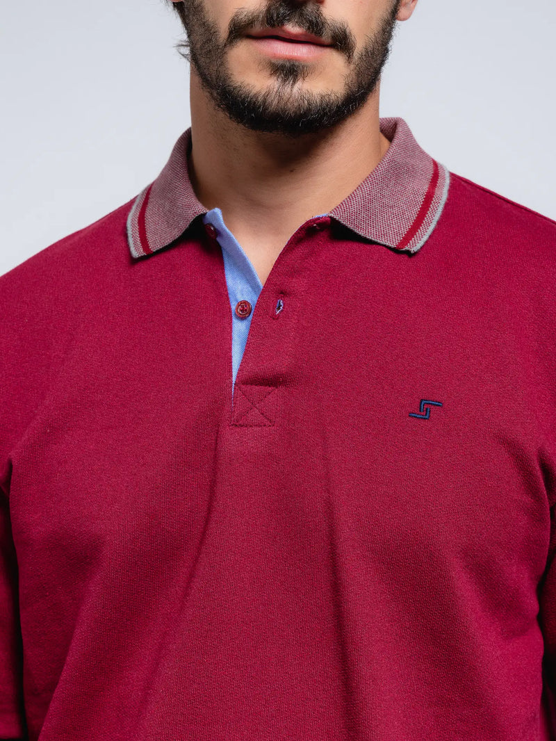 SMF Burgundy Knit Long Sleeve Button Up Knit Polo With Contrast Collar And Cuff Detail