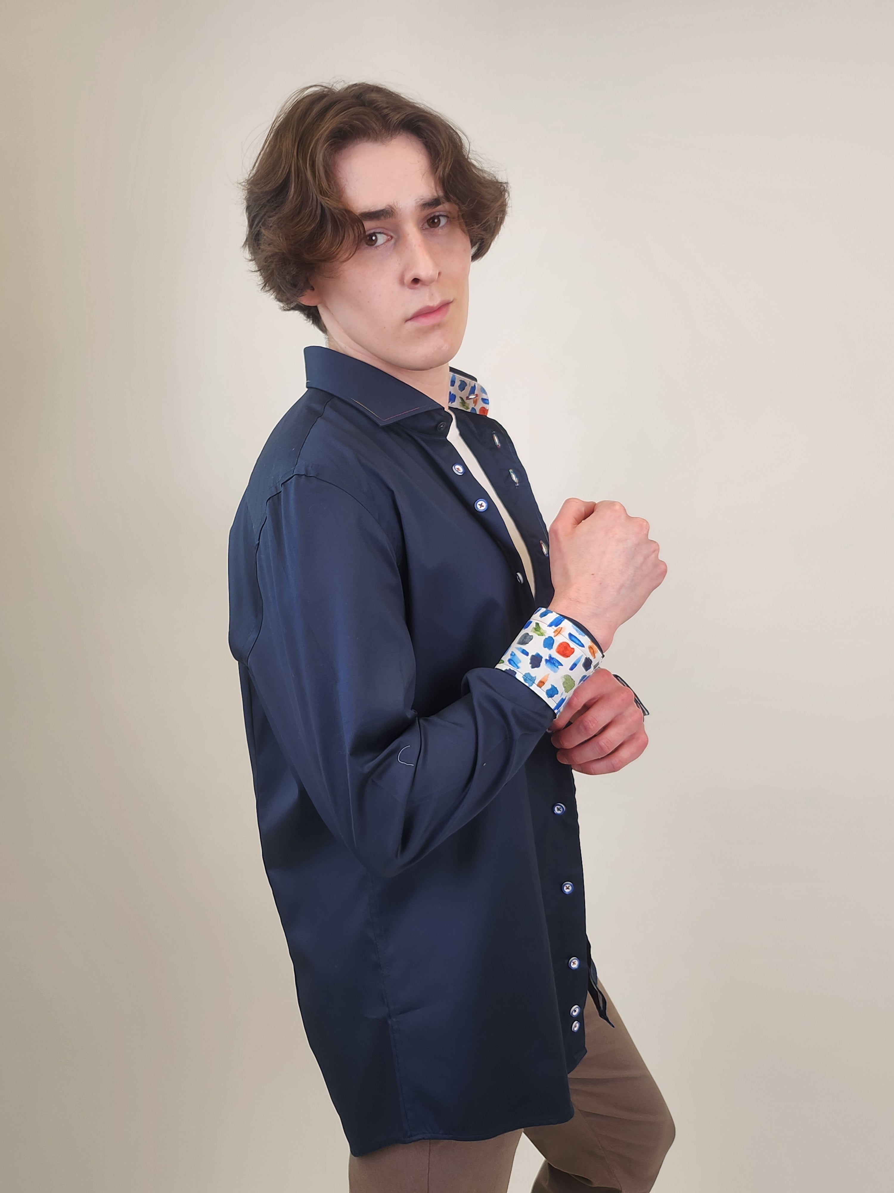 Brand Partner,R2 Amsterdam, R2 Amsterdam Navy 100% Organic Cotton Shirt with Paint Contrast, Blue, Medium-42-Tag40Medium-44-Tag41