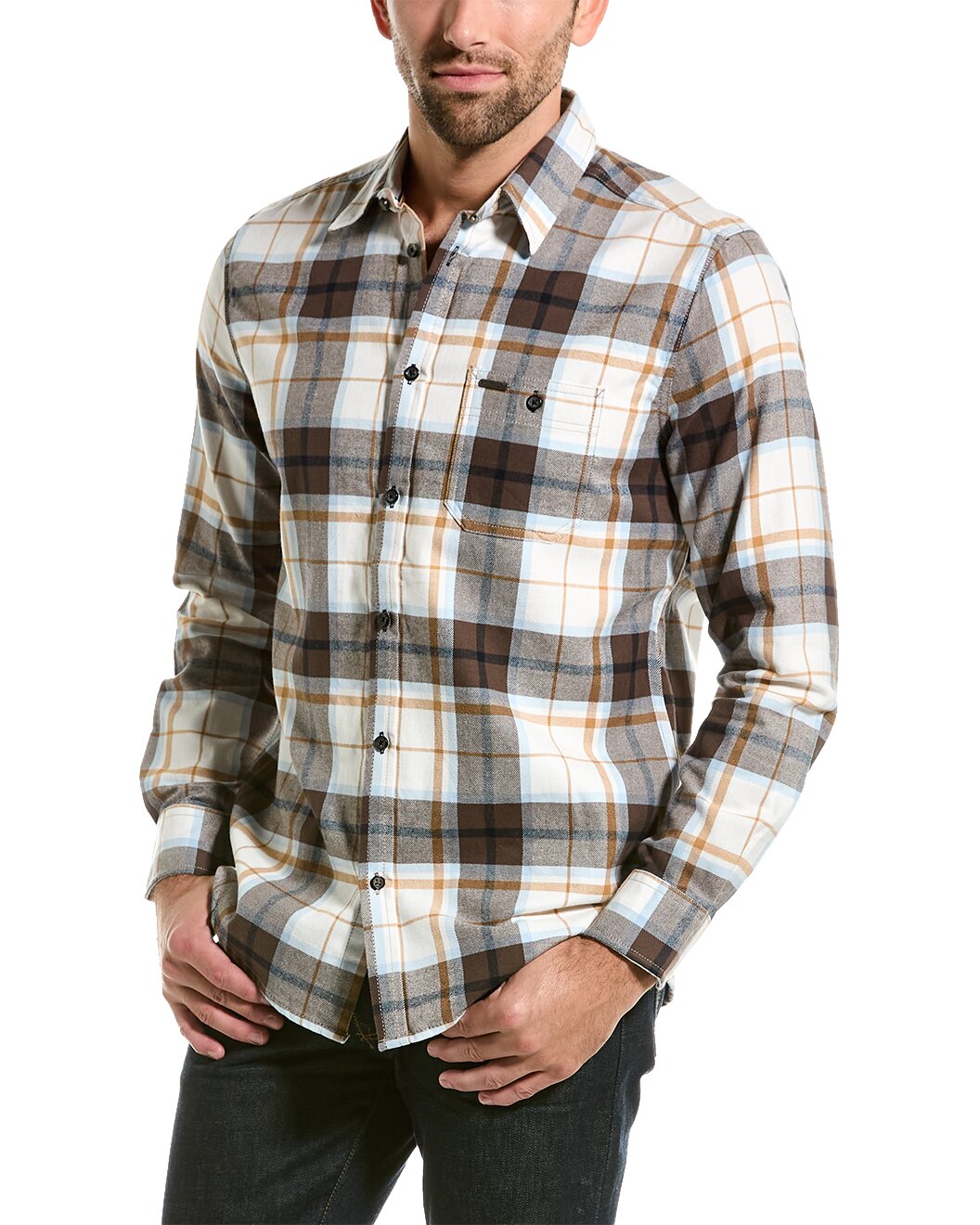 Other,Point Zero, Point Zero Cream/Brown Brush Flannel Shirt, Cream, Small-42-TagS
