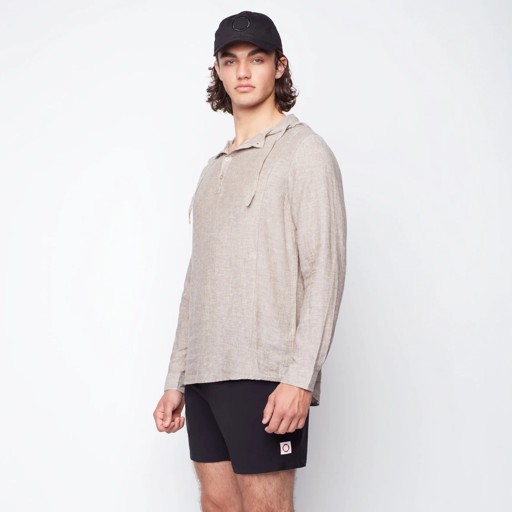 Wholesale,Public Beach, Public Beach Tan Linen Blend Long Sleeve Shirt with Hood, Tan, Medium-44-TagMLarge-46-TagLExtra Large-50-TagXLExtra Extra Large-52-TagXXL