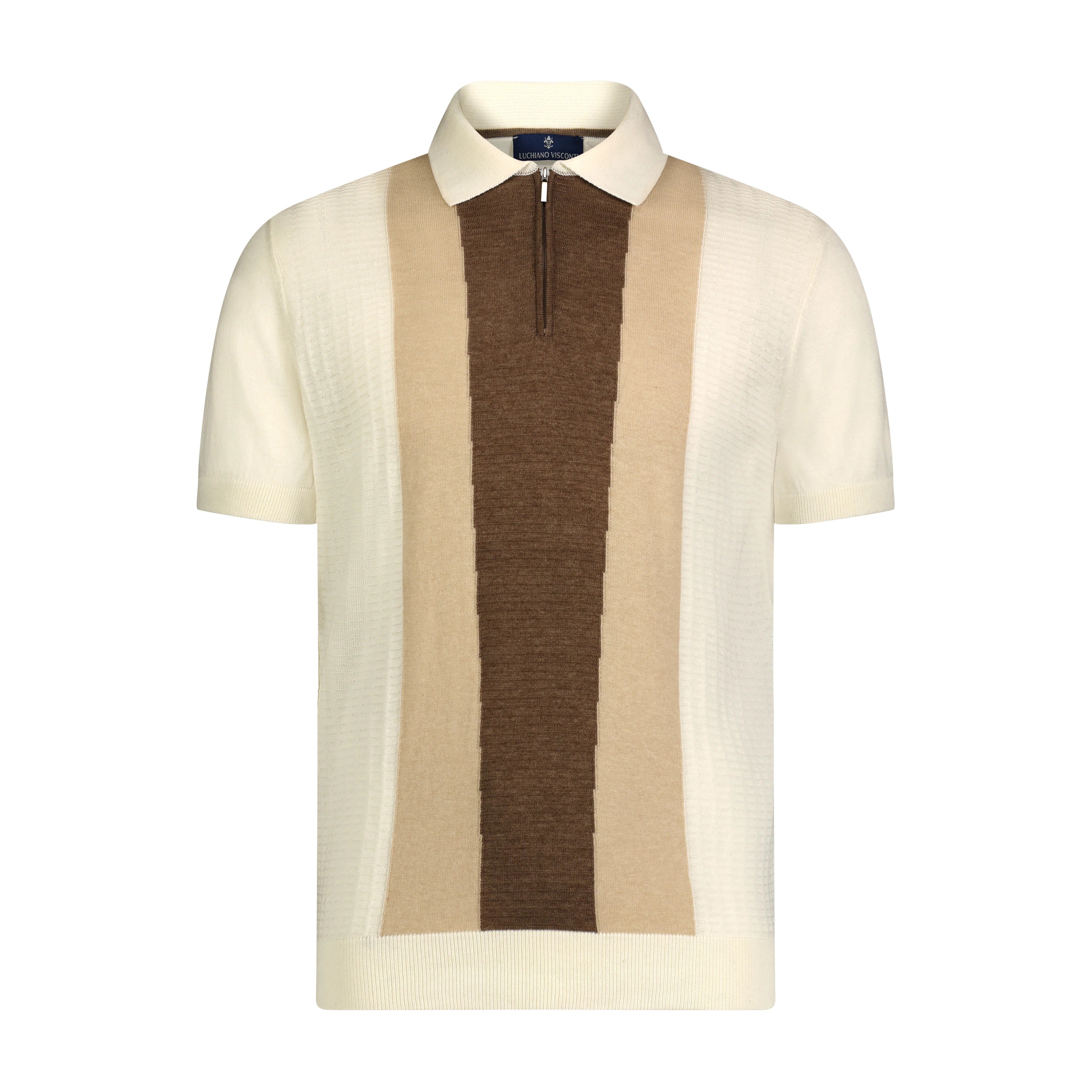 Wholesale,Luchiano Visconti, Luchiano Visconti Cream with Tan Front Panel Qtr Zip Short Sleeve Knit Polo, Cream, Extra Extra Large-45-TagXXL