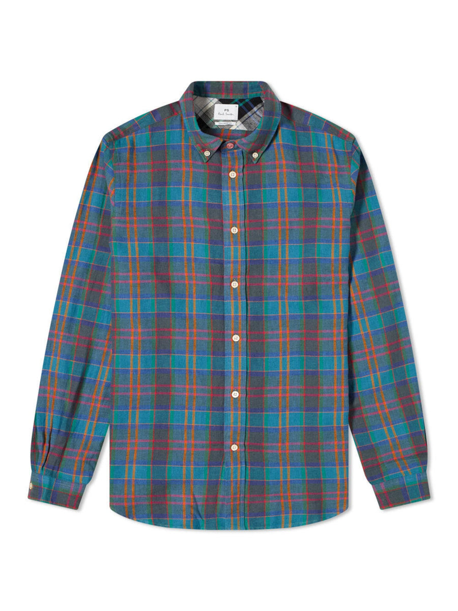Bobbi + Bricka,Paul Smith, Paul Smith Blue & Green Multi Plaid Flannel Button Up Shirt, Blue, Small-39-TagS