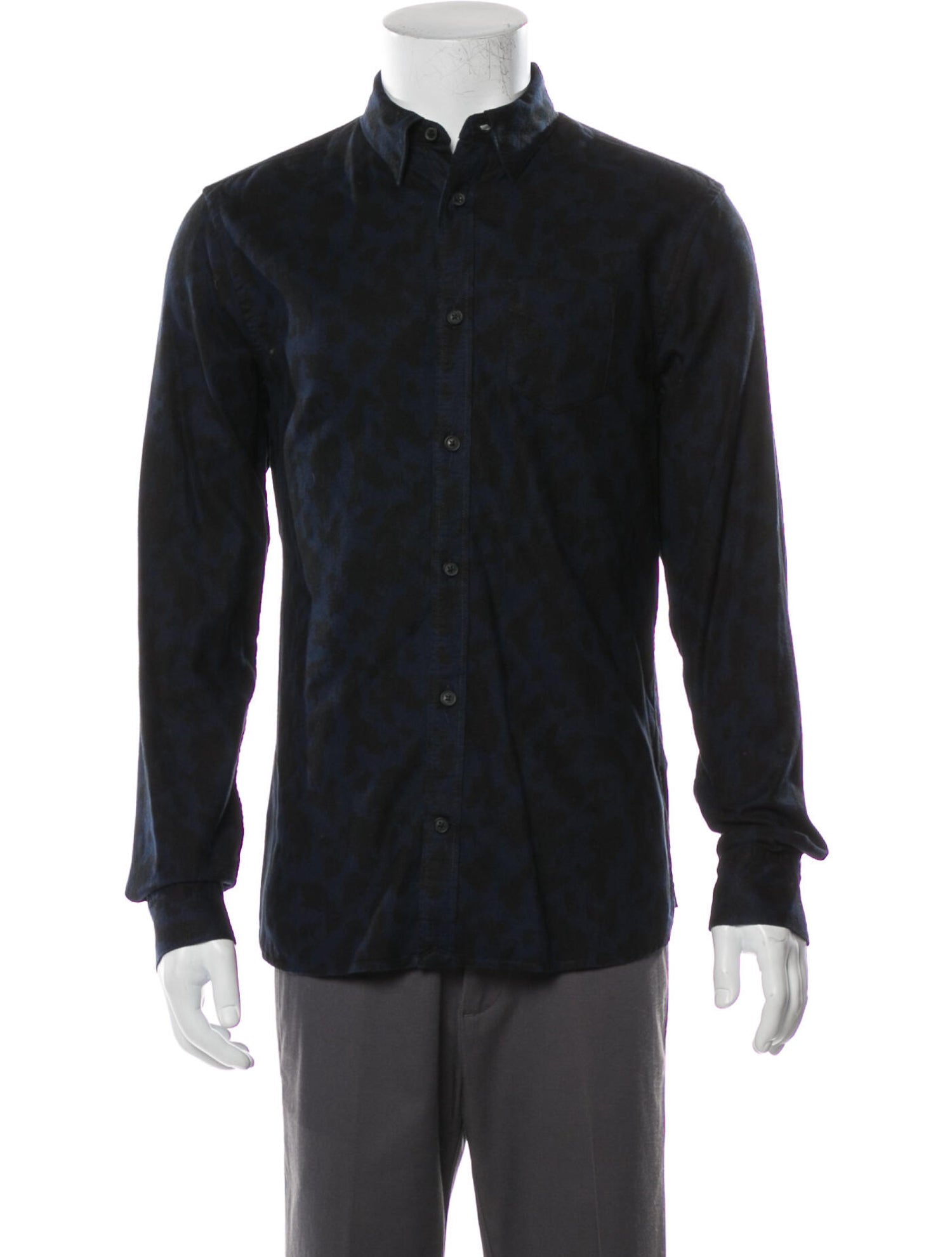 The RealReal,AllSaints, AllSaints Navy Blue Animal Print Brushed Cotton Button Up, Blue, Small-40-TagS