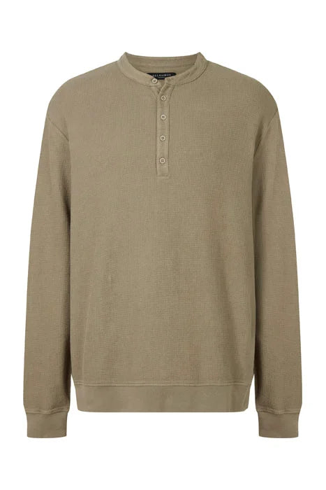 Otrium,AllSaints, AllSaints Olive Green Waffle Knit Relaxed Fit Long Sleeve Henley, Green, Medium-50-TagS