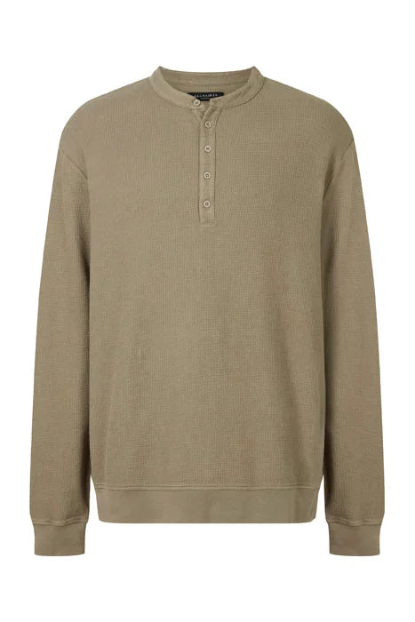 AllSaints Olive Green Waffle Knit Relaxed Fit Long Sleeve Henley