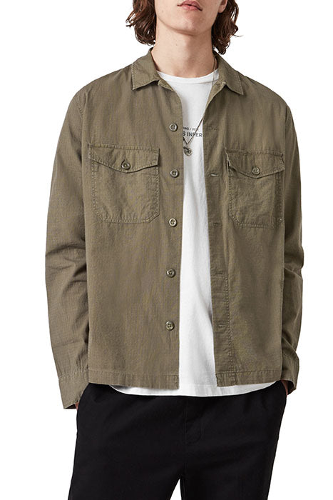 Otrium,AllSaints, AllSaints Olive Green Grid Textured Button Up Over Shirt With Chest Pockets, Green, Medium-46-TagM