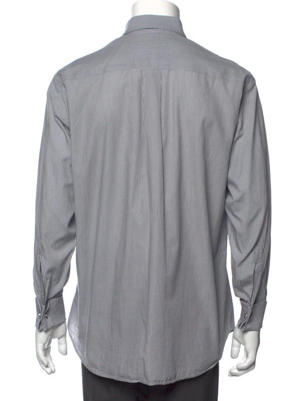 Armani Collezioni Light Grey Striped Long Sleeve Button Up with Front Pocket