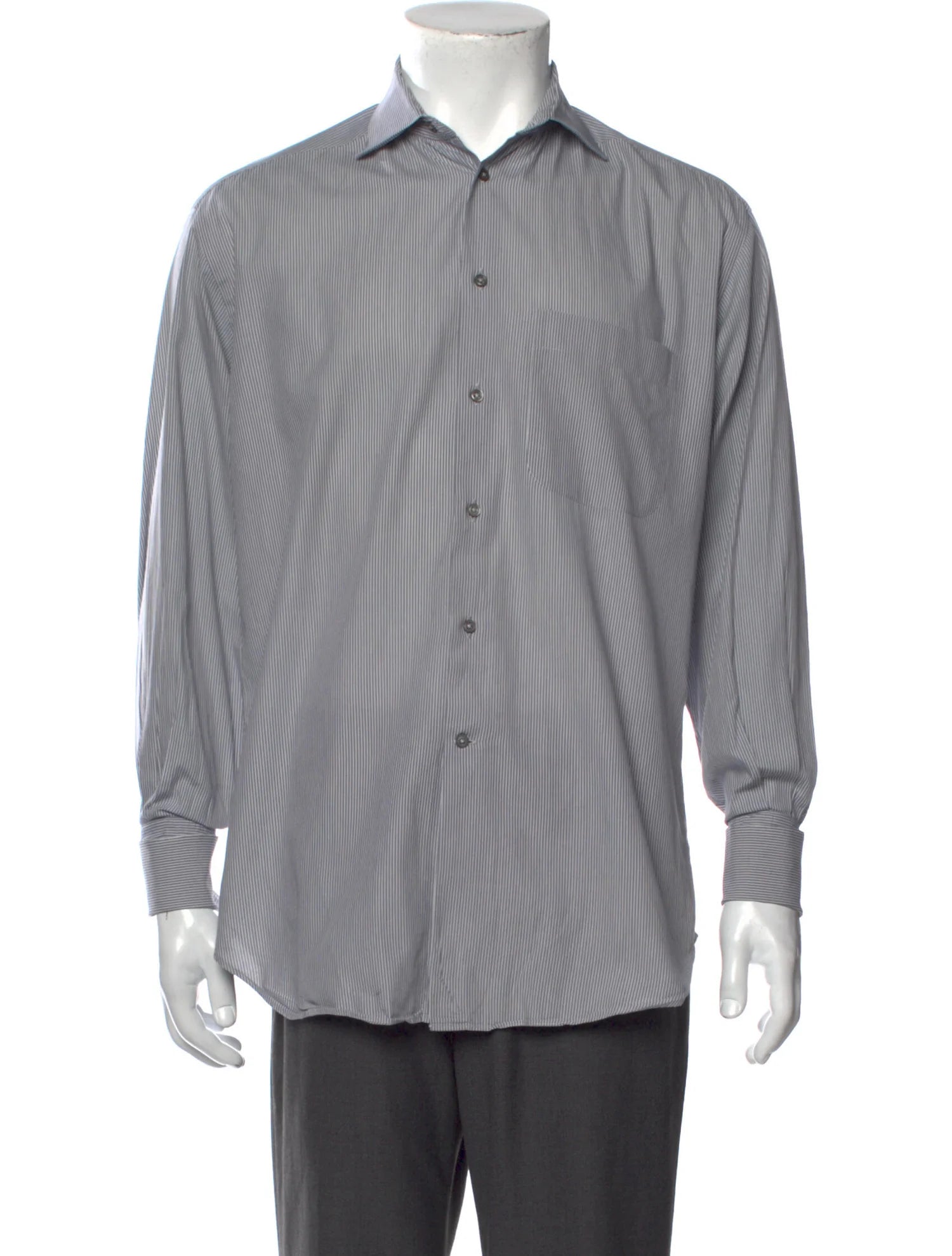 The RealReal,Armani Collezioni, Armani Light Grey Striped Long Sleeve Button Up with Front Pocket, Grey, Large-46-TagL
