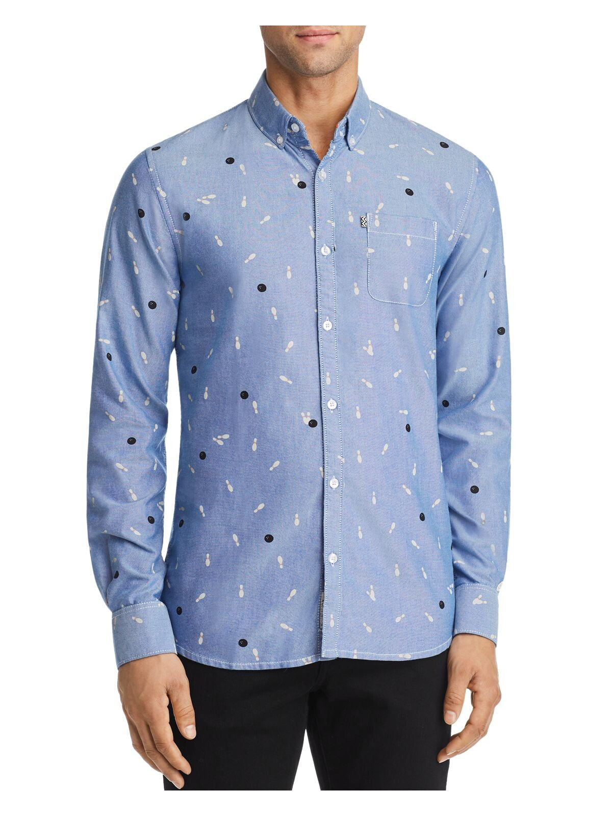 Bobbi + Bricka,Noize, Noize Blue Bowling Pins Printed Button Down Shirt, Blue, Medium-42-TagL