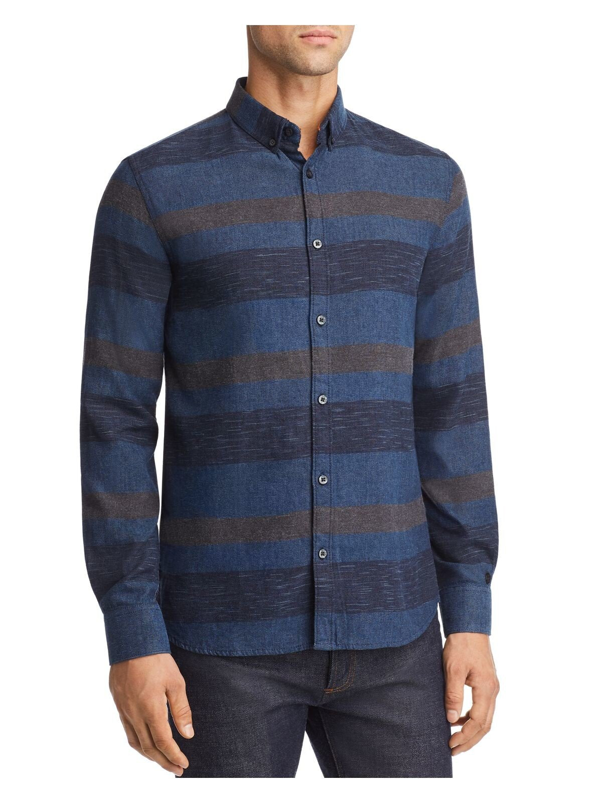 Bobbi + Bricka,Noize, Noize Blue Horizontal Striped Button Down Shirt, Blue, Small-41-TagS