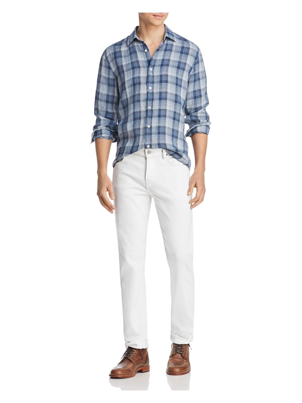 Bobbi + Bricka,The Mens Store, The Mens Store Navy & Taupe Plaid Linen Button-up Shirt, Blue, Medium-43-TagM
