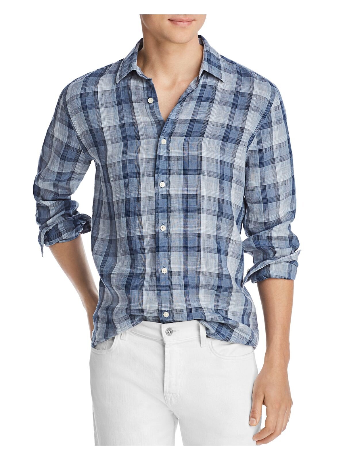 Bobbi + Bricka,The Mens Store, The Mens Store Navy & Taupe Plaid Linen Button-up Shirt, Blue, Medium-43-TagM