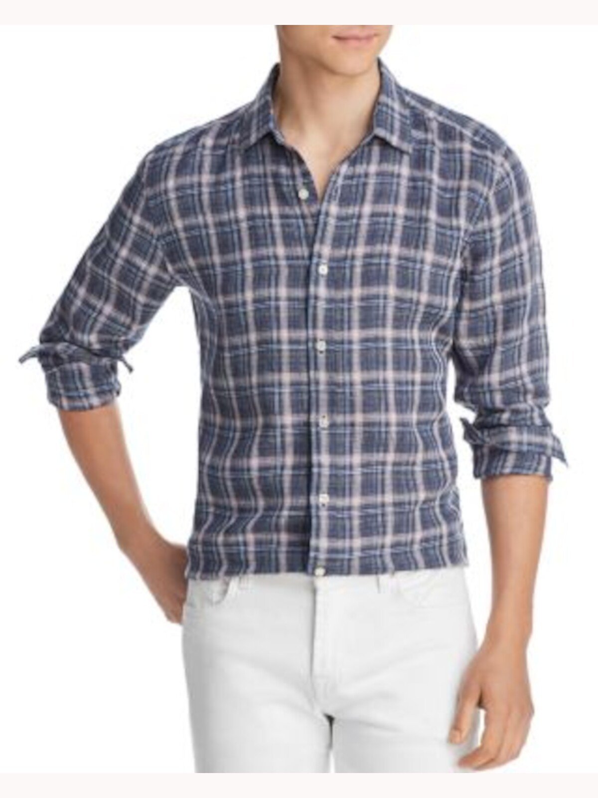 Bobbi + Bricka,The Mens Store, The Mens Store Navy & Taupe Plaid Linen Button-up Shirt, Blue, Medium-43-TagM