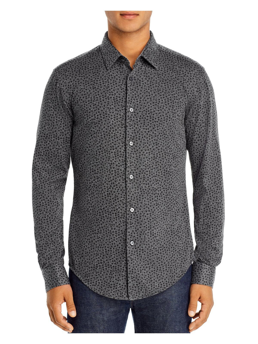 Bobbi + Bricka,Hugo Boss, Hugo Boss Grey Leaf Print Slim Fit Button Up Knit Shirt, Grey, Medium-43-TagL