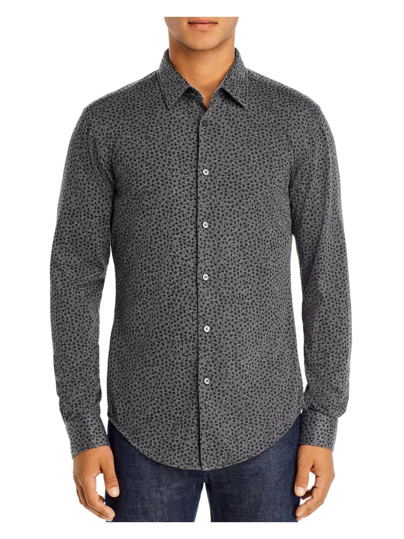 Hugo Boss Grey Leaf Print Slim Fit Button Up Knit Shirt